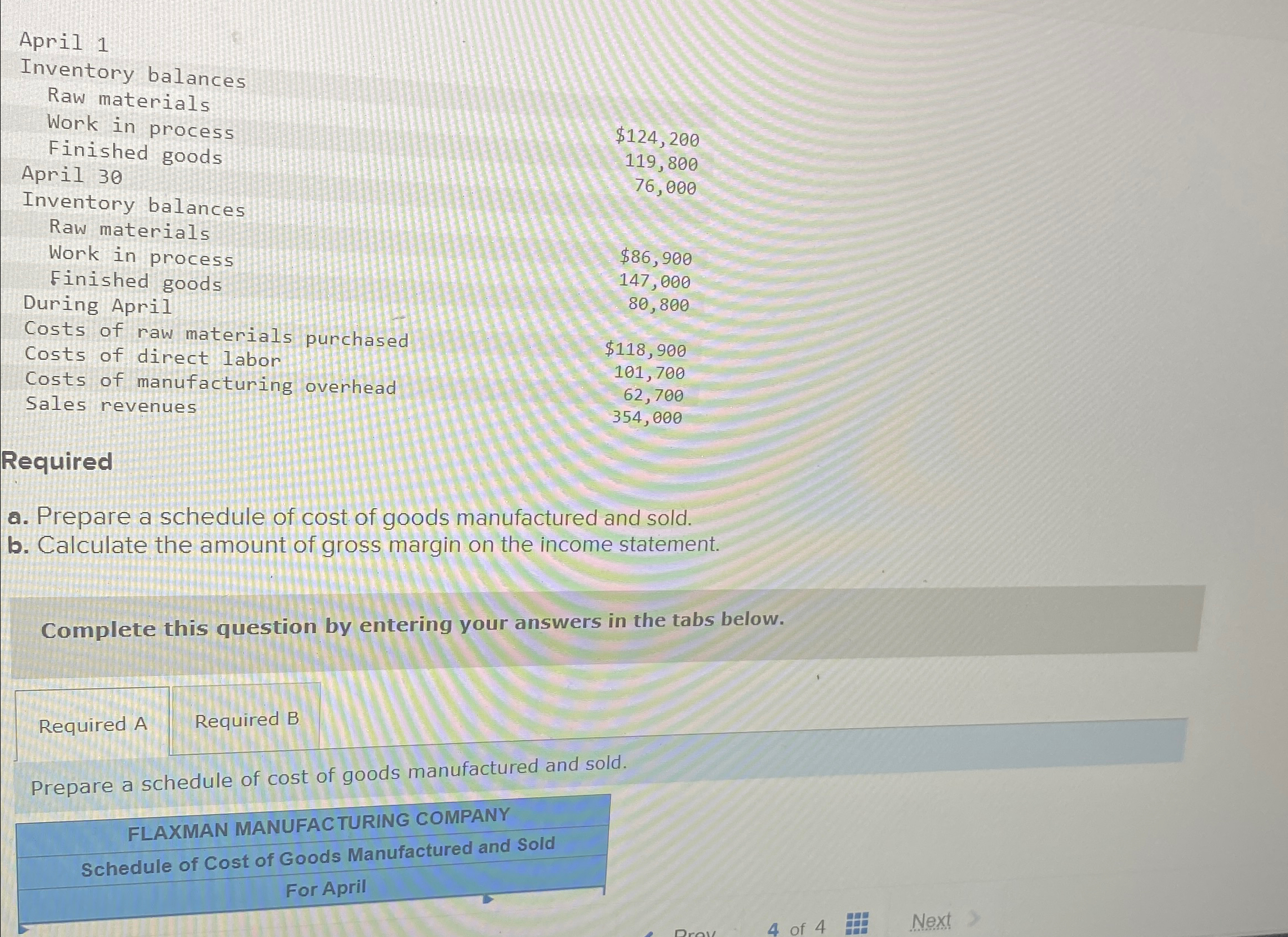 April 30 Inventory balances Raw materials Work in process Finished goods During