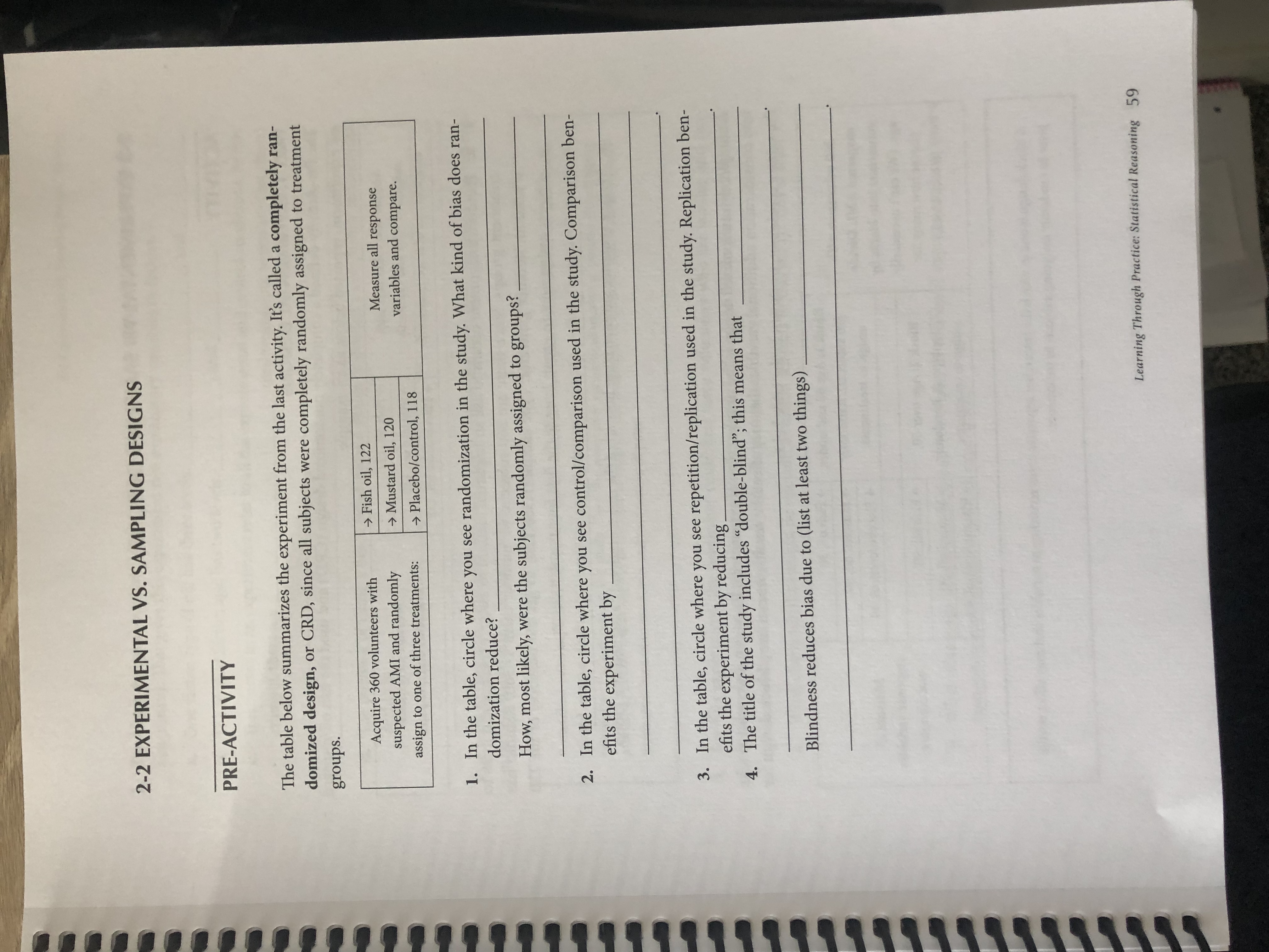  2-2 EXPERIMENTAL VS. SAMPLING DESIGNS PRE-ACTIVITY The table below summarizes the