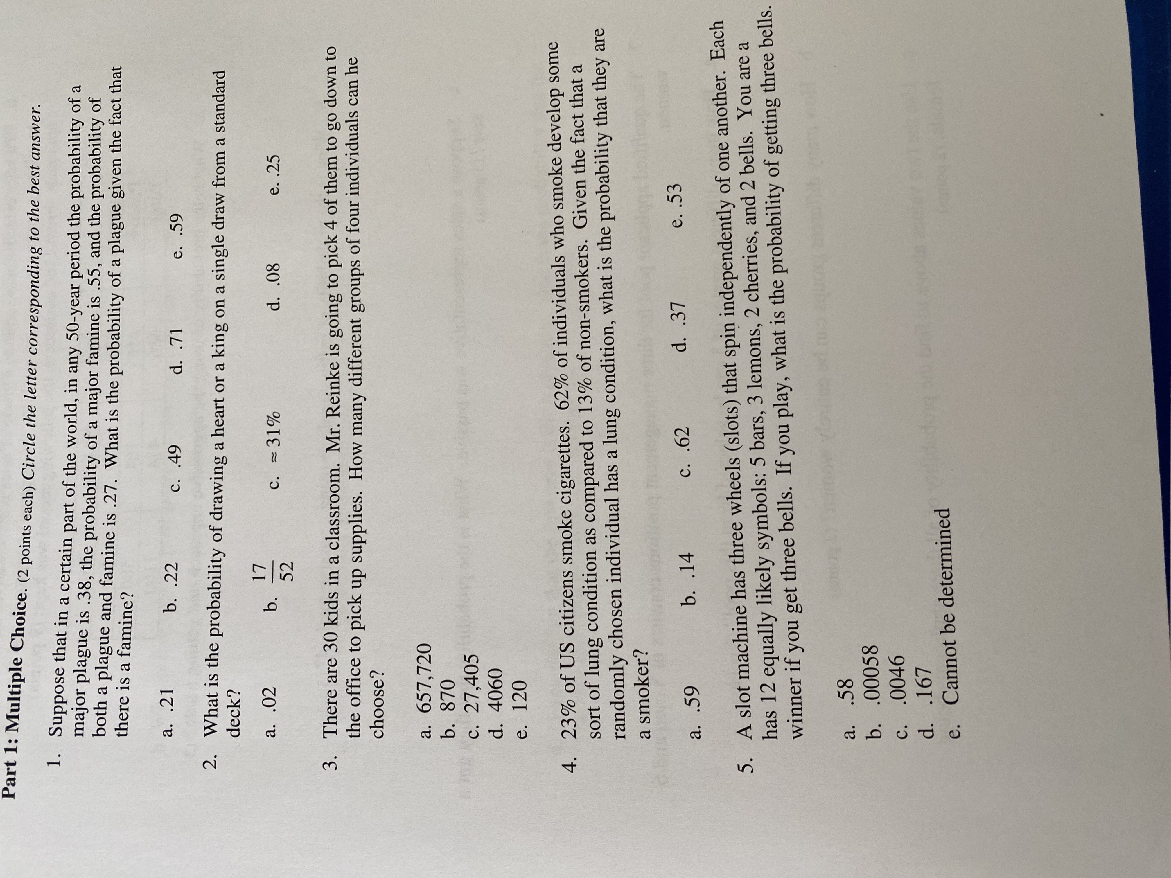  Part 1: Multiple Choice. (2 points each) Circle the letter corresponding
