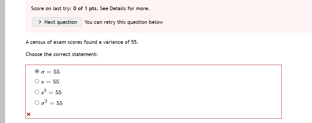 deviation - V LL g. Sample variance h. Sample size VScore on