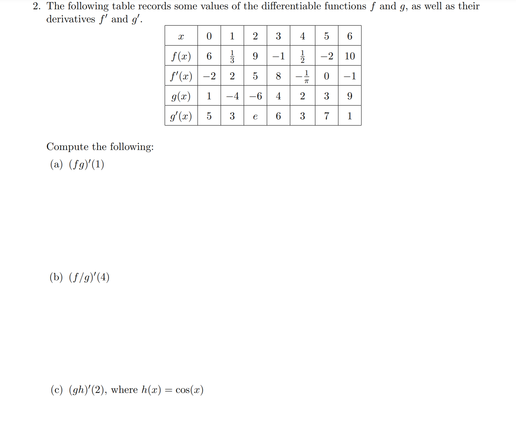 approximation.) 61' (a) Compute g'(2) if g(:.3) = m. (b) Compute h'(2)