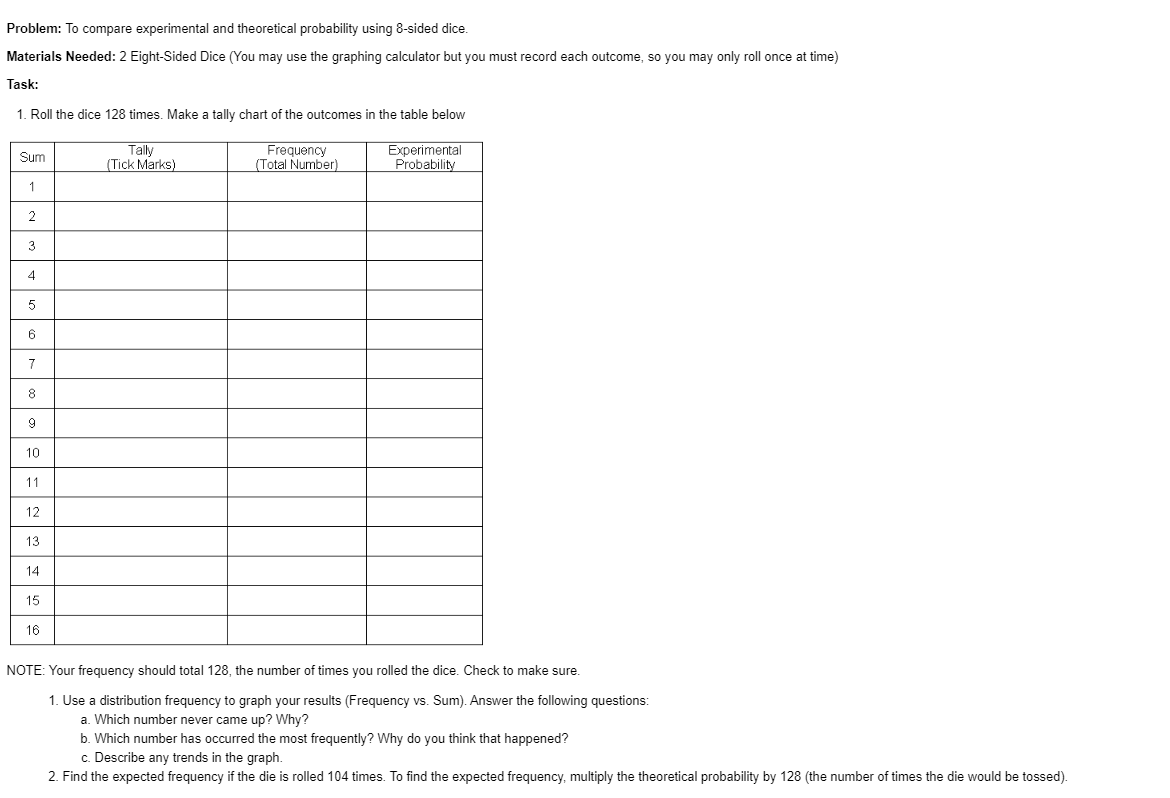 calculator but you must record each outcome, so you may only roll
