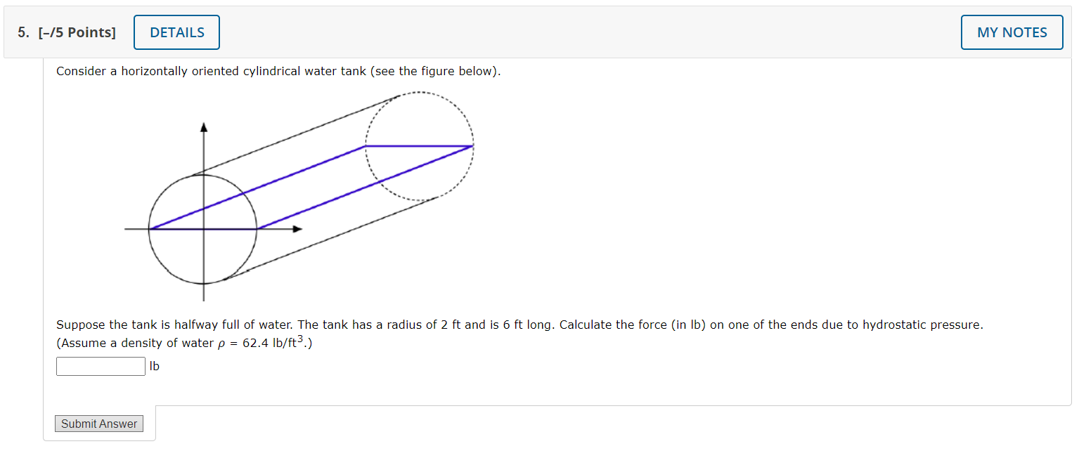  5. [15 Points] DETAILS MY NOTES Consider a horizontally oriented cylindrical