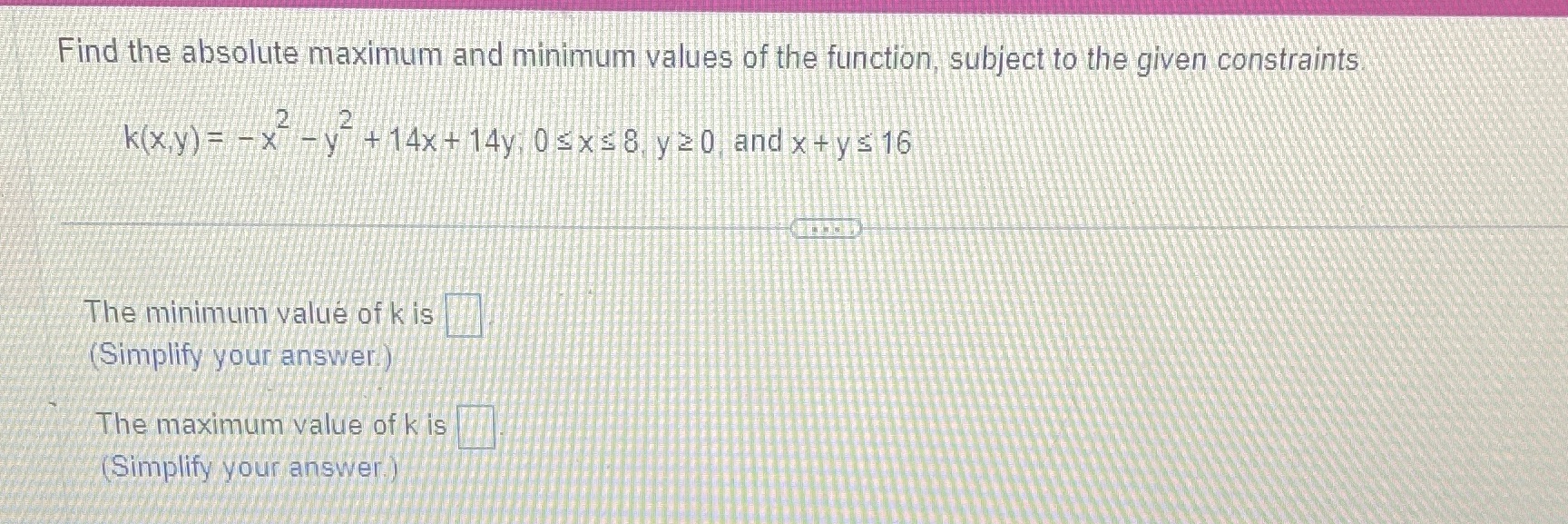 minimum values of the function, subject to the given constraints k(xy) =