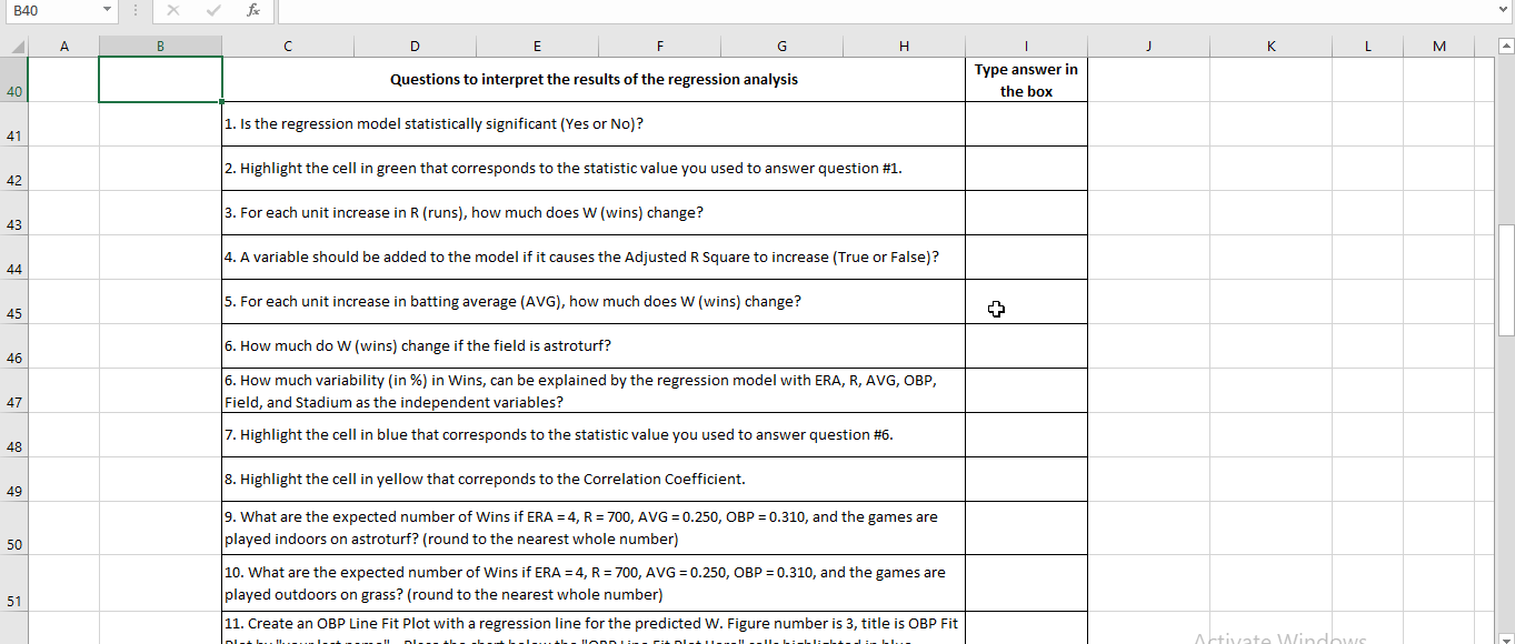 or No)? 2. Highlight the cell in green that corresponds to the