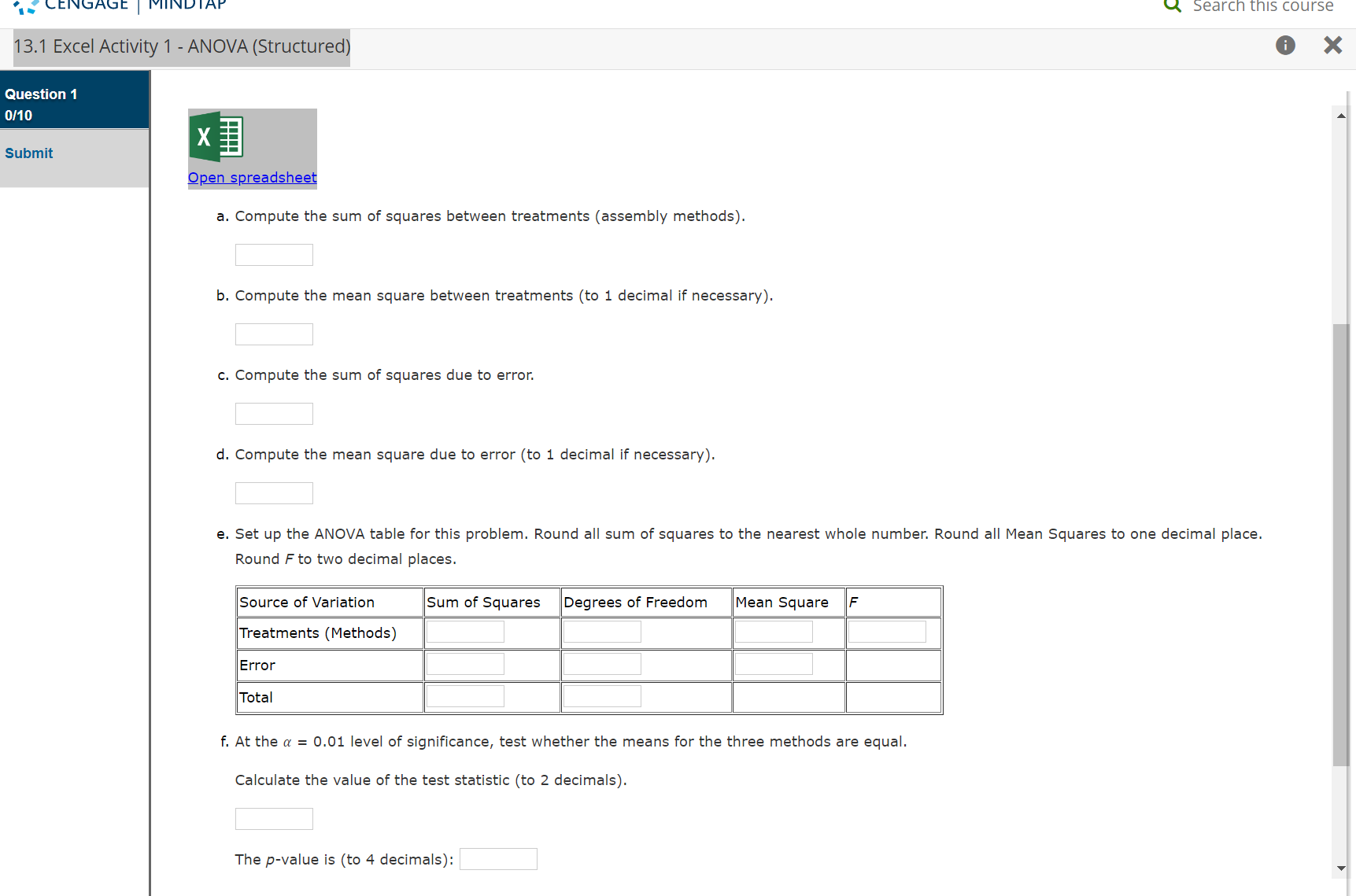  13.1 Excel Activity 1 - ANOVA (Structured)13.1 Excel Activity 1 -