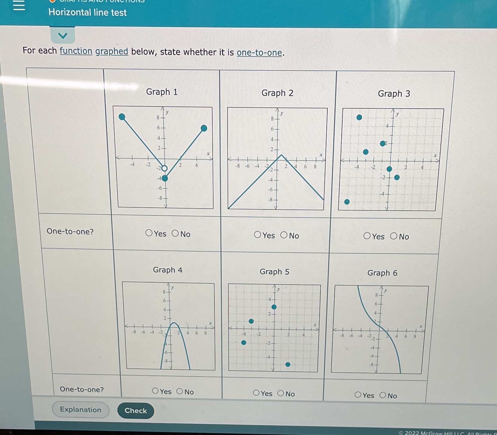  Horizontal line test V For each function graphed below, state whether