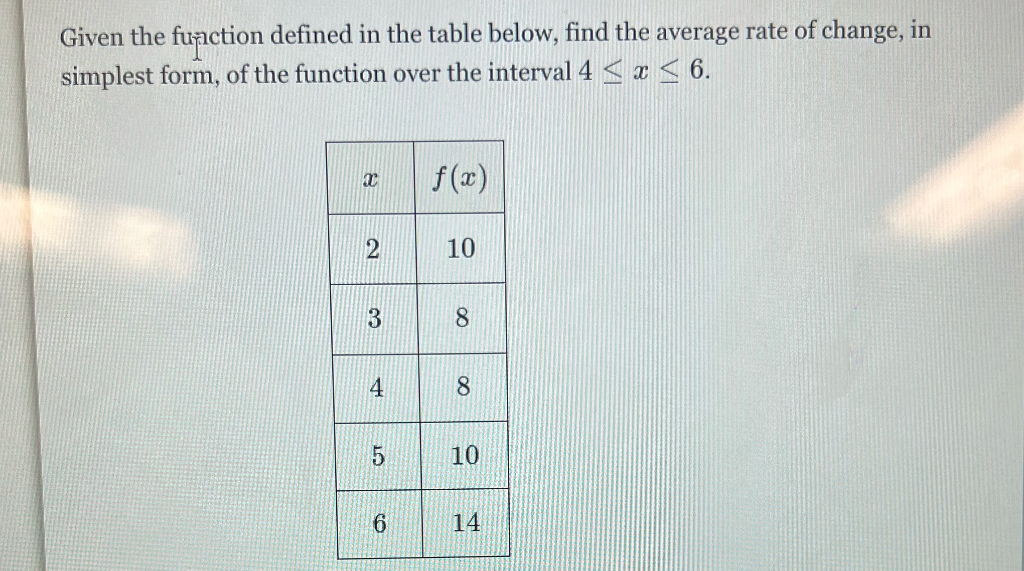  Given the function defined in the table below, find the average