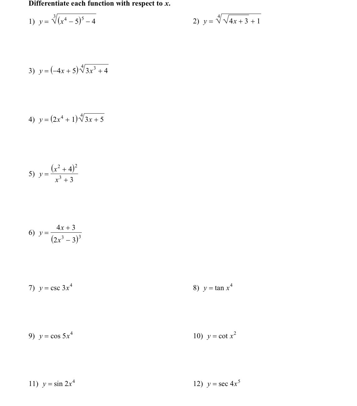  solve evens only and show work please Differentiate each function with