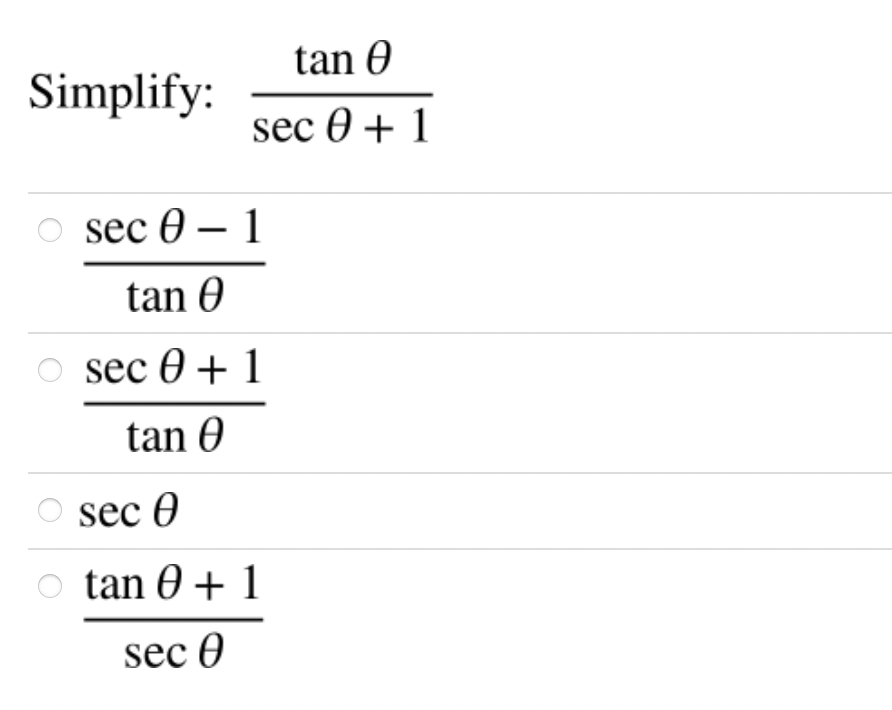 - sin 0 O sec 0 + tan 0 O csc 0