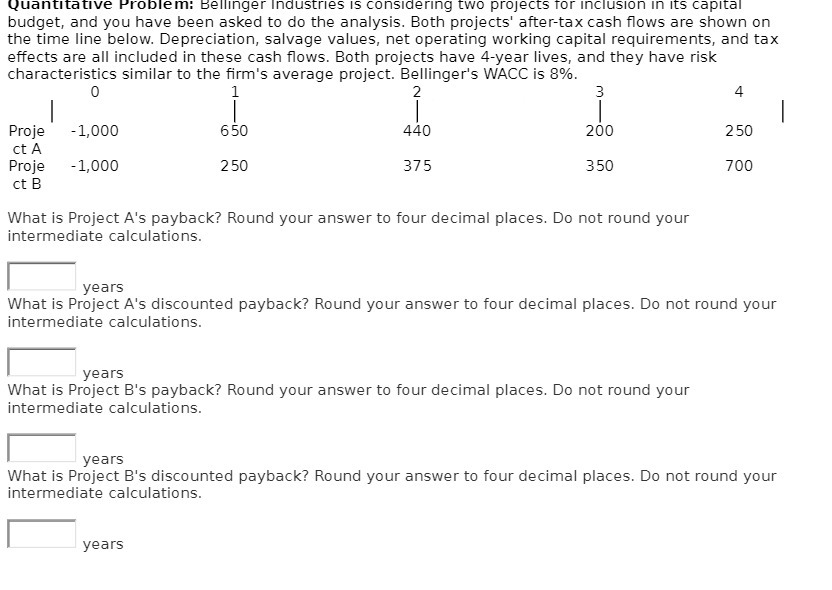  quantitative Problem: tselllnger Industries IS considering two projects ror Inclusion In