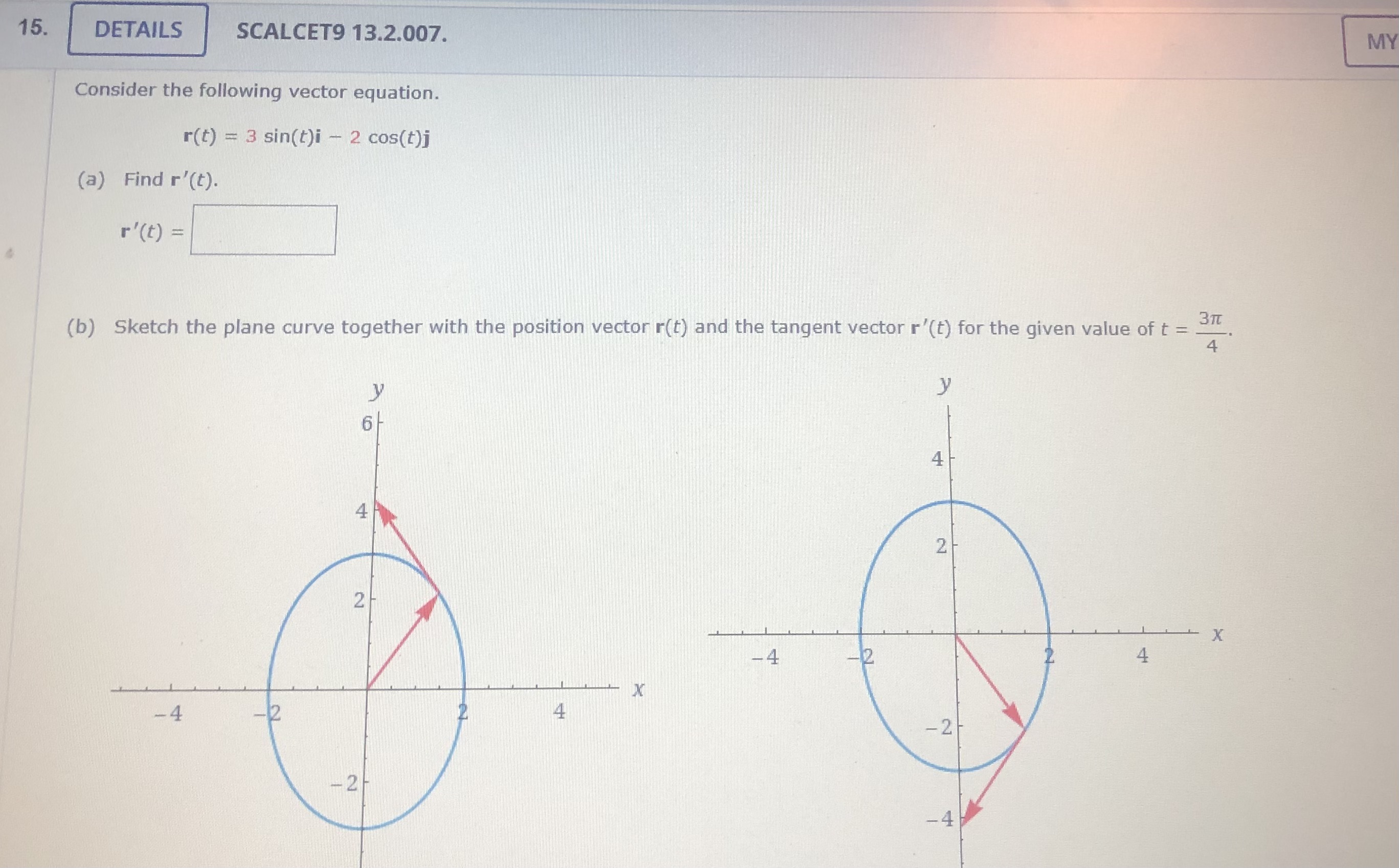 r(t) and the tangent vector r'(t) for the given value of t