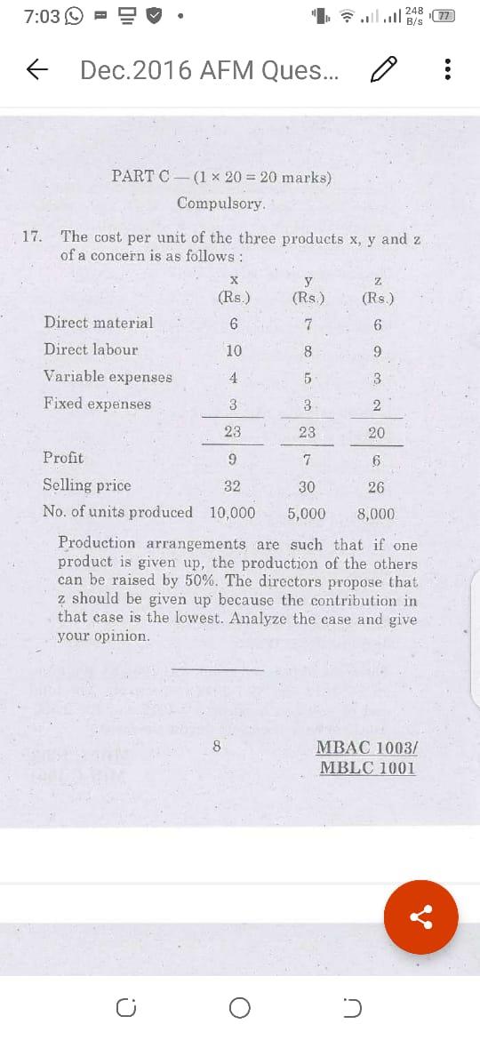 20 marks) Compulsory 17. The cost per unit of the three products