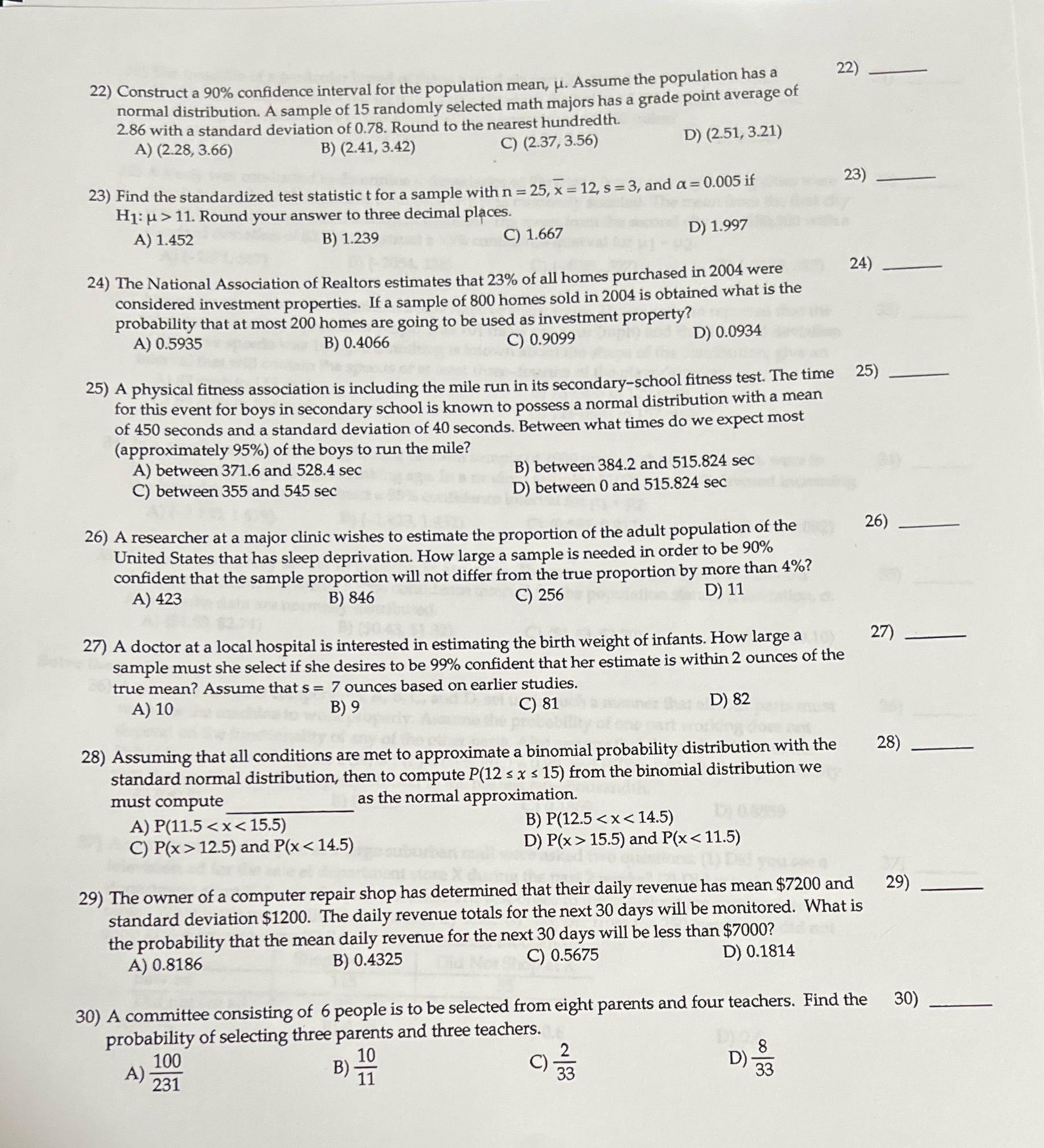  22) Construct a 90% confidence interval for the population mean, u.