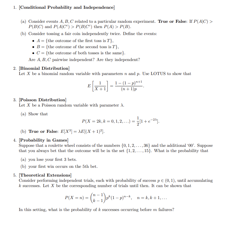  1. [Conditional Probability and Independence] (a) Consider events A, B, 0'