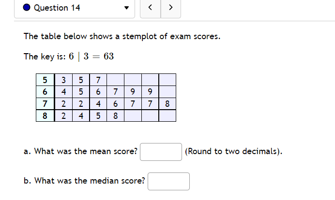 . Question 14 The table below shows a stemplot of exam