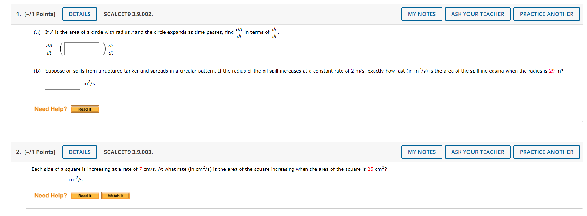  3.9 Homework - Related Rates (Homework) 1. [-11 Points] SCALCETB 3.9.002.