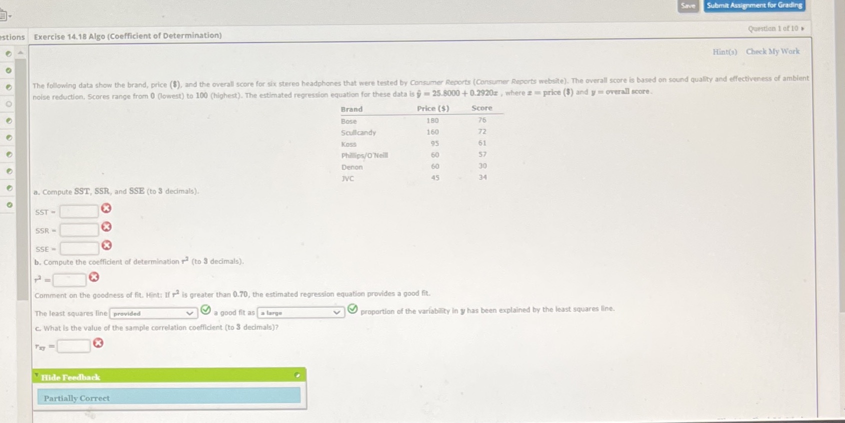 Determination) Question 1 of 10 > Hint(s) Check My Work The following