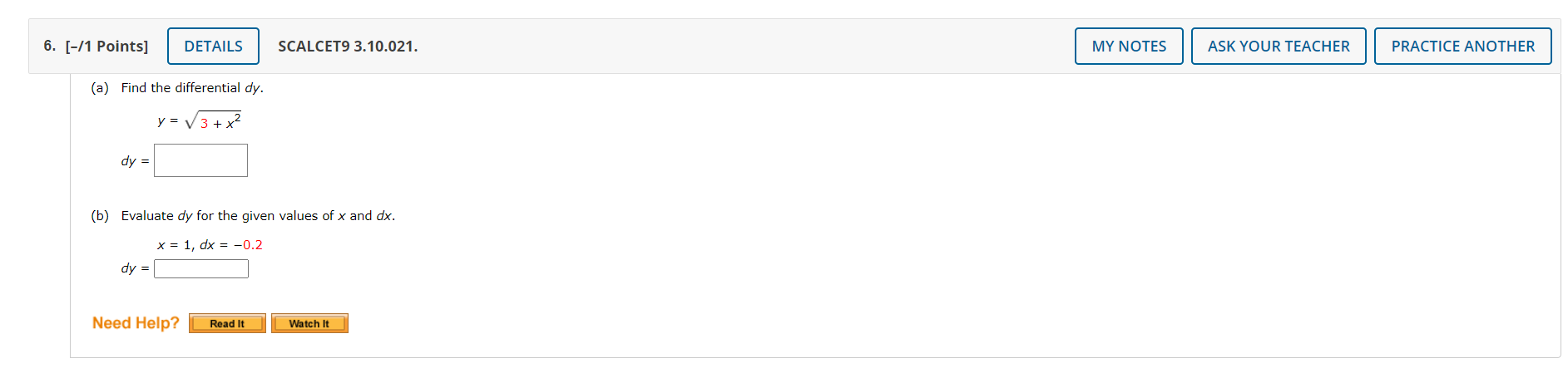 10.025. MY NOTES ASK YOUR TEACHER PRACTICE ANOTHER Compute Ay and dy