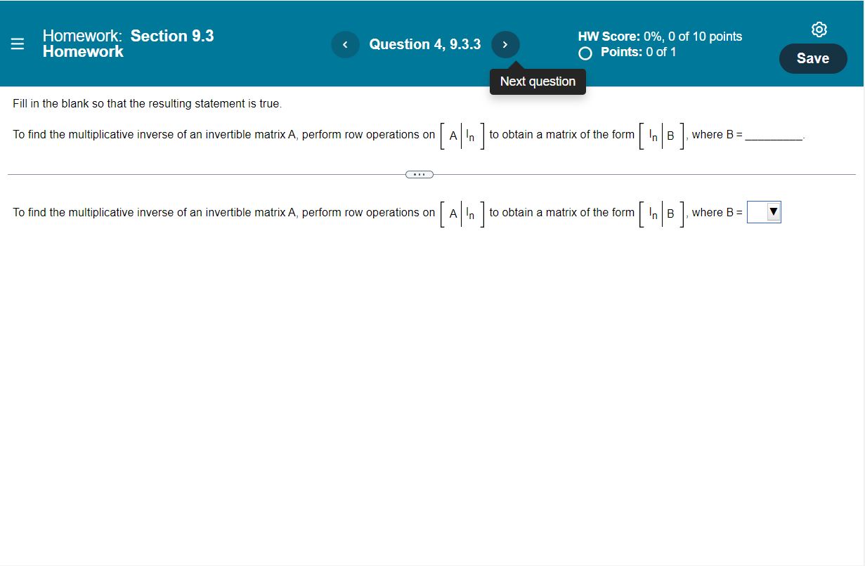 a matrix of the form |In B , where B= VE Homework: