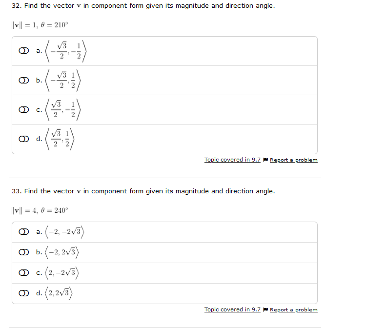 problem32. Find the vector v in component form given its magnitude and