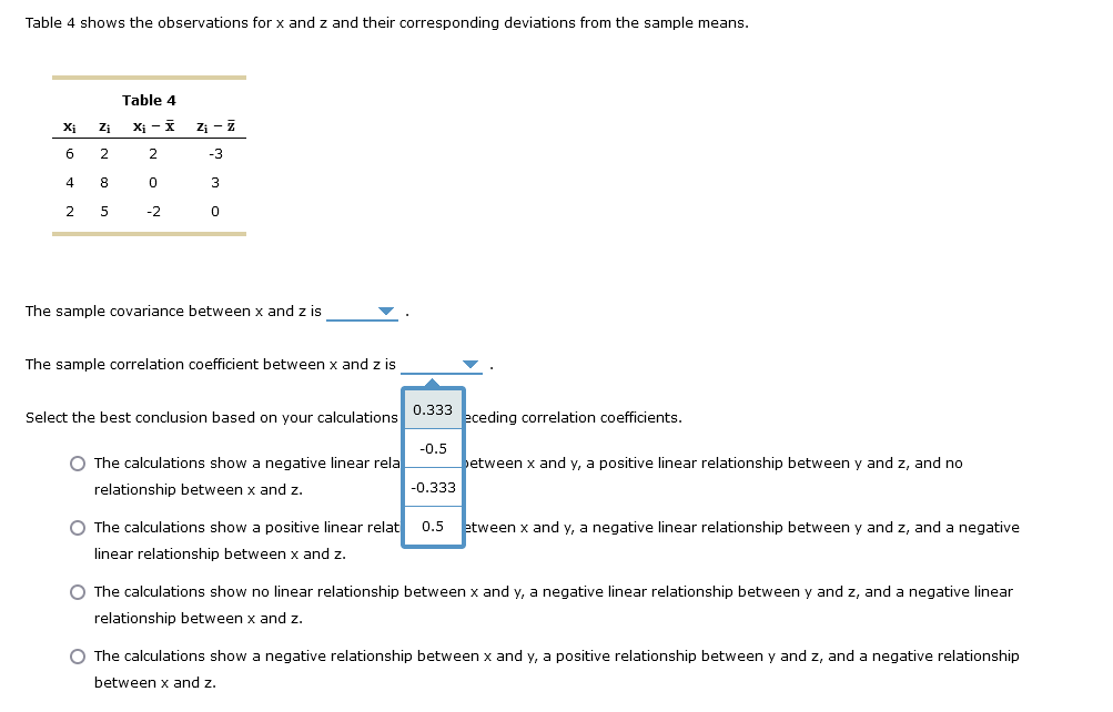 y and z, and no relationship between x and z. O The