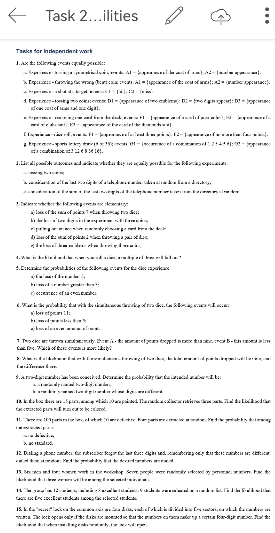  Events and Their probabilities. Statistics Task 2...ilities D B . .