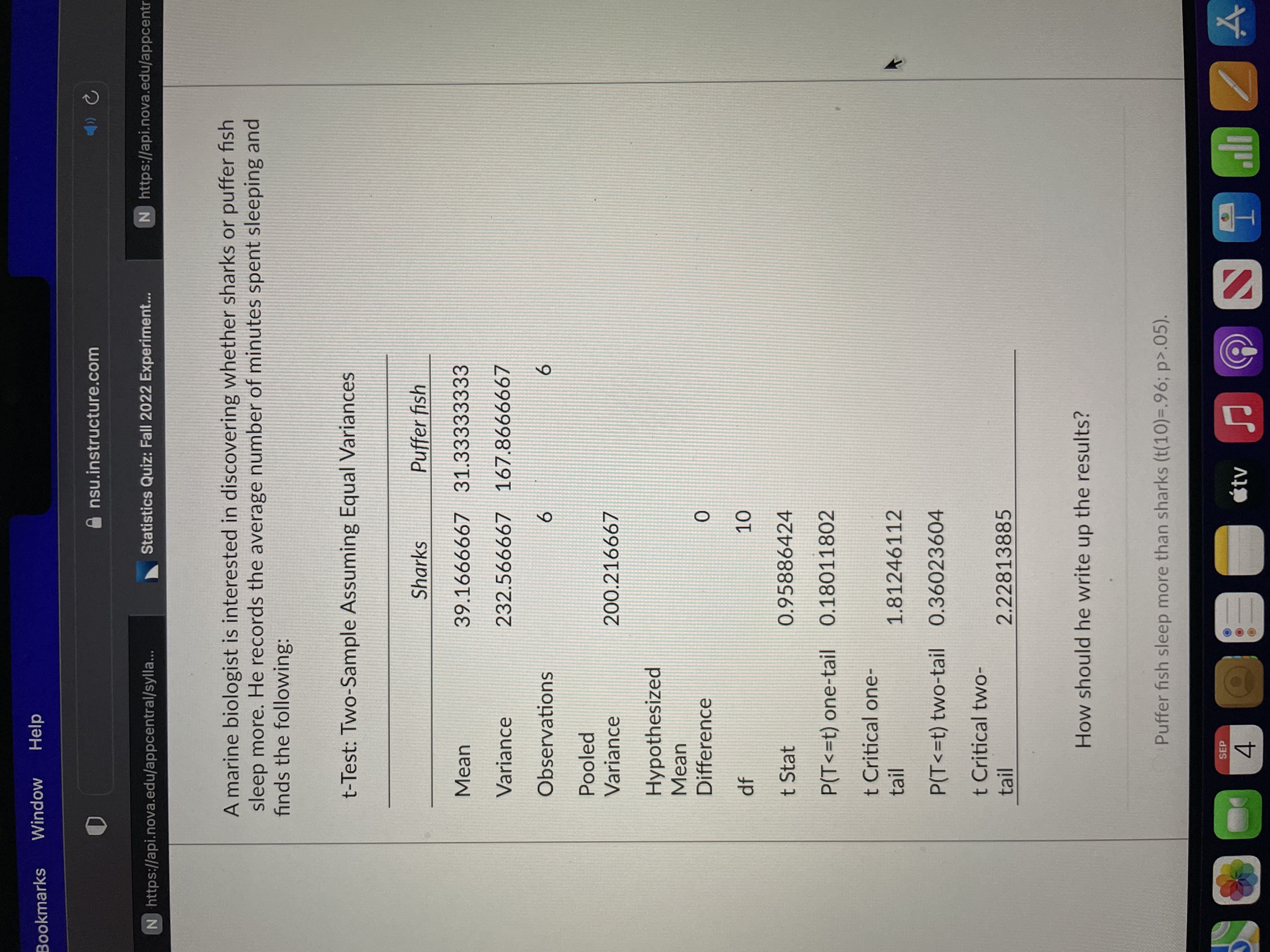  Bookmarks Window Help nsu.instructure.com N https://api.nova.edu/appcentral/sylla... Statistics Quiz: Fall 2022 Experiment..
