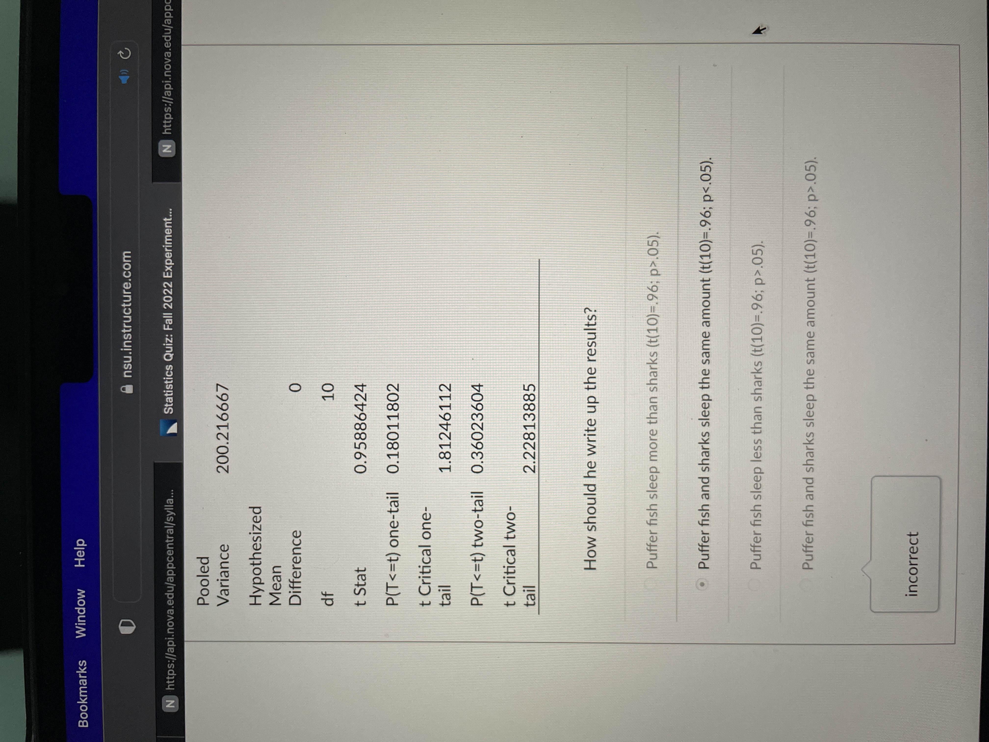sleeping and finds the following: t-Test: Two-Sample Assuming Equal Variances Sharks Puffer