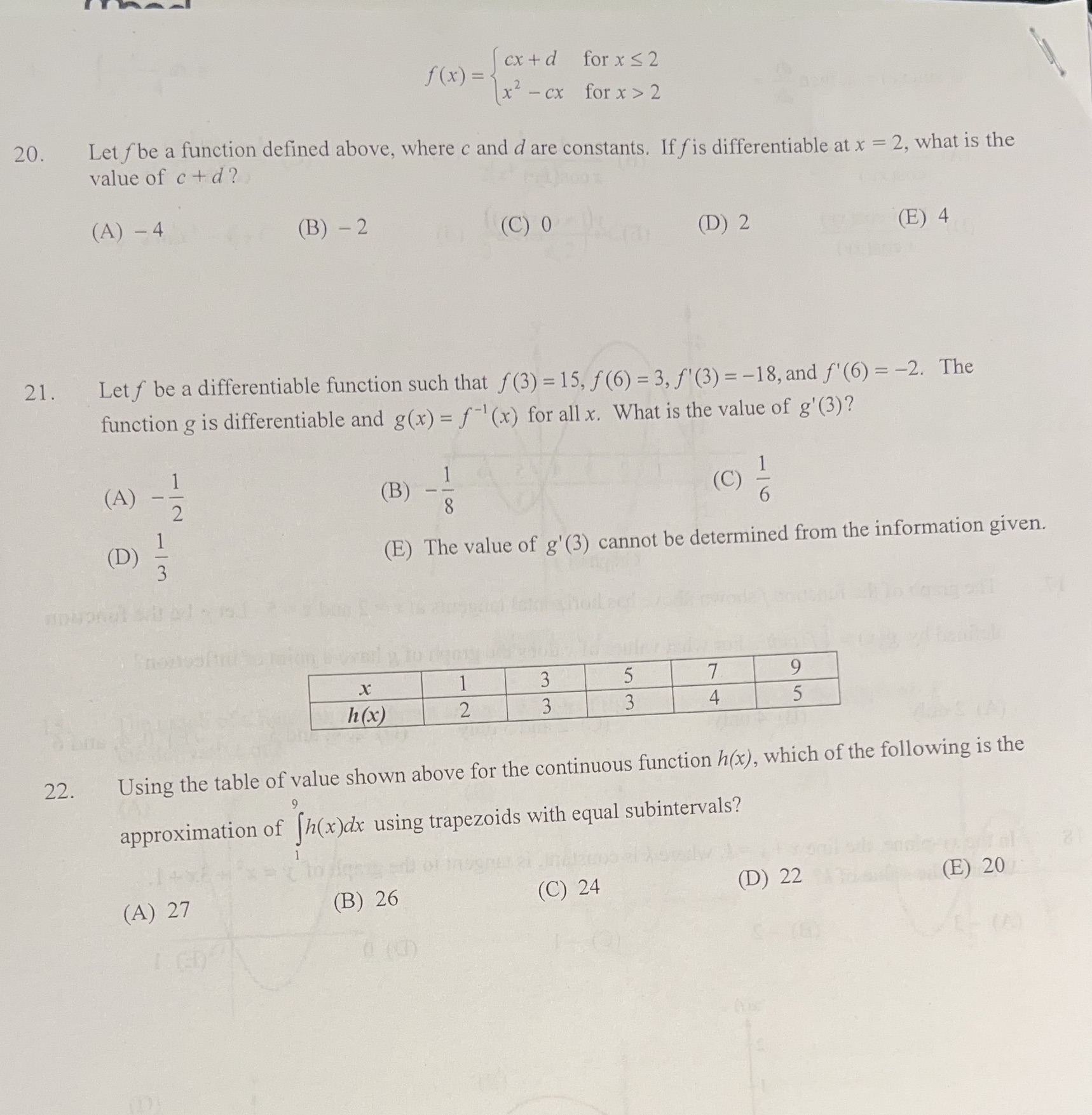 f ( x) = cx+d for xs2 x2 - cx for