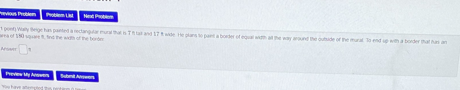  Previous Problem Problem List Next Problem 1 point) Wally Beige has