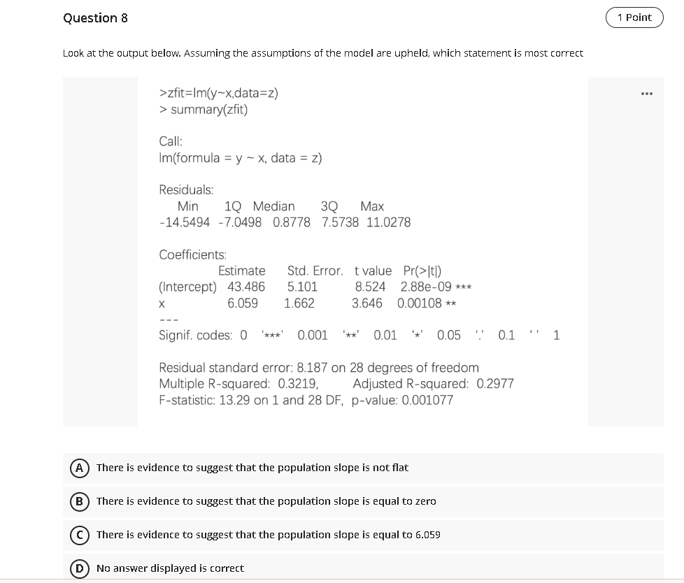>zfit=Im(y~x,data=z) . .. > summary(zfit) Call: Im(formula = y ~ x, data