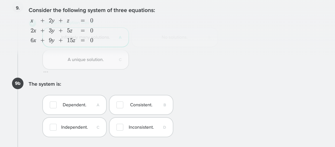 0 olutions. A No solutions. 6x + 9y + 15z A unique