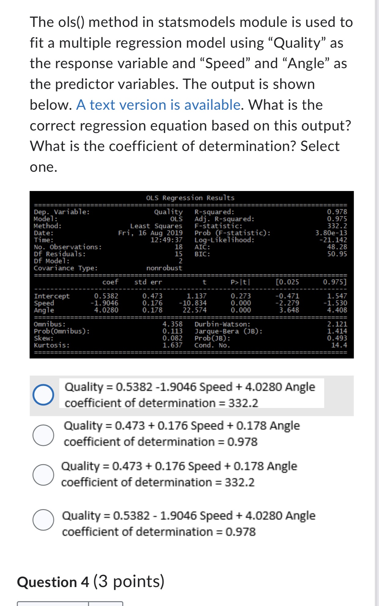multiple regression model using "Quality\" as the response variable and "Speed\" and