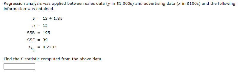 Regression analysis was applied between sales data (y in $1,000s) and
