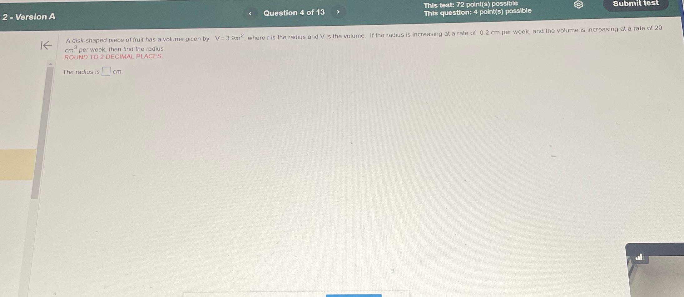  2 - Version A Question 4 of 13 > This test: