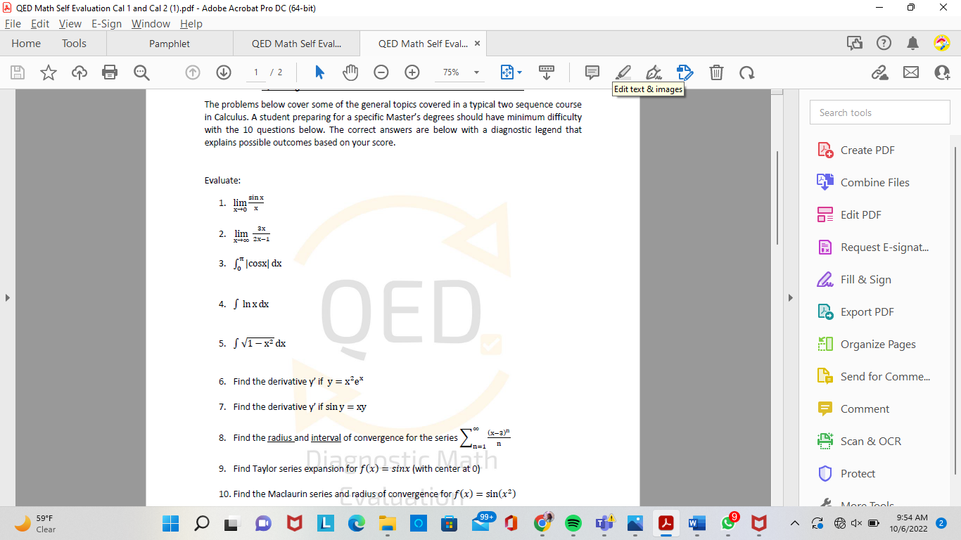 Help Home Tools Pamphlet QED Math Self Eval. QED Math Self Eval...