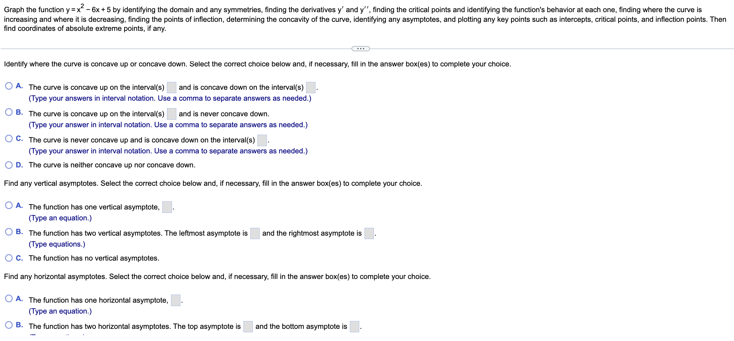 y = x" - 6x + 5 by identifying the domain and