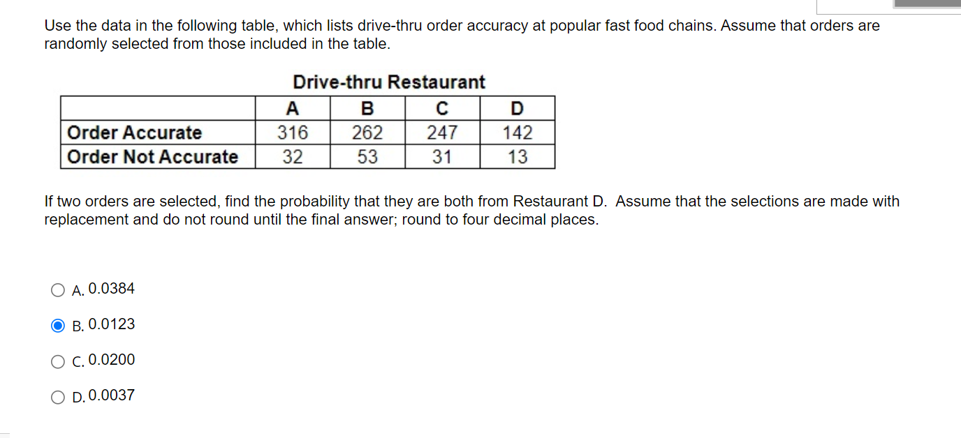  Use the data in the following table, which lists drive-thru order