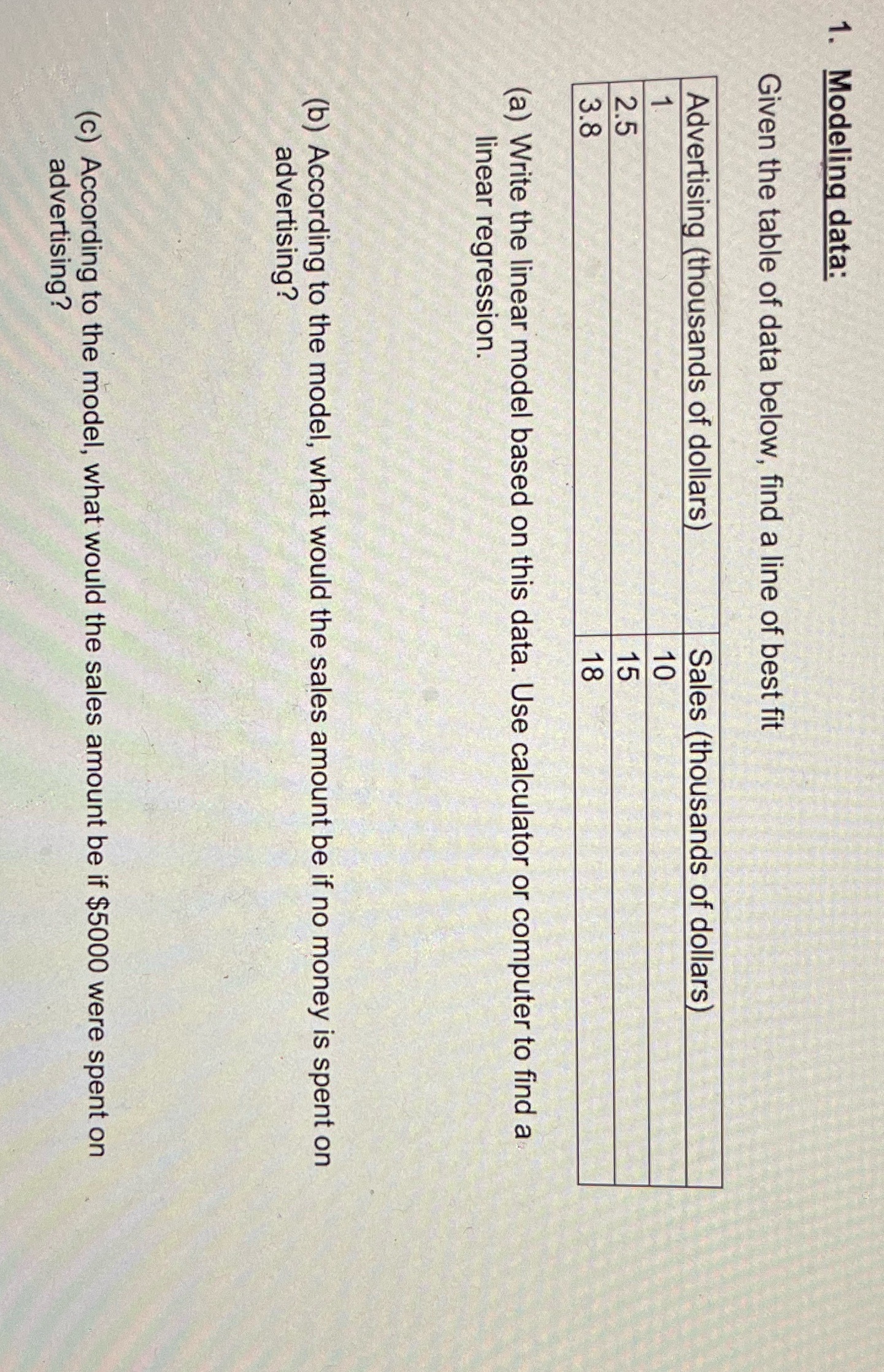  1. Modeling data: Given the table of data below, find a