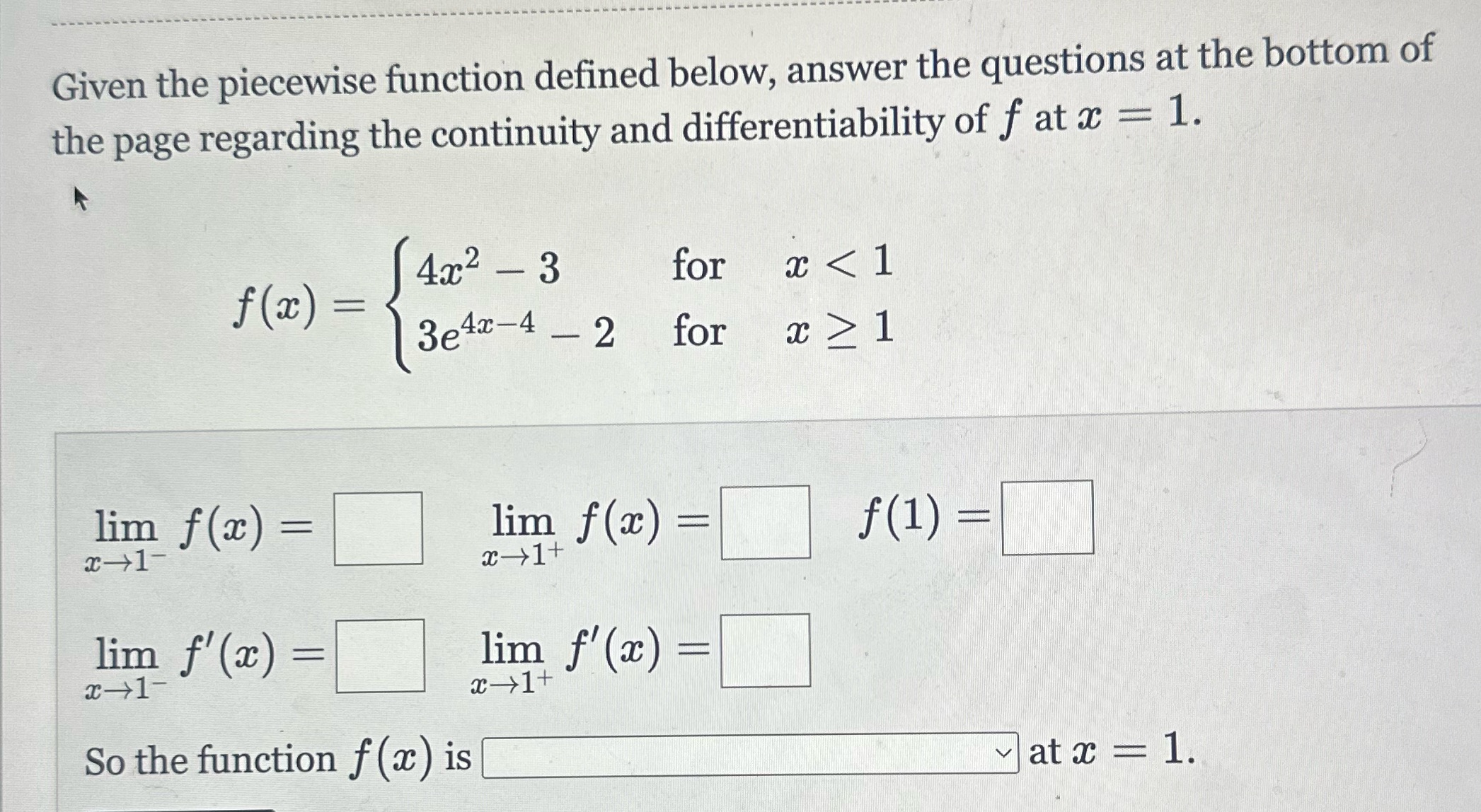 bottom of the page regarding the continuity and differentiability of f at