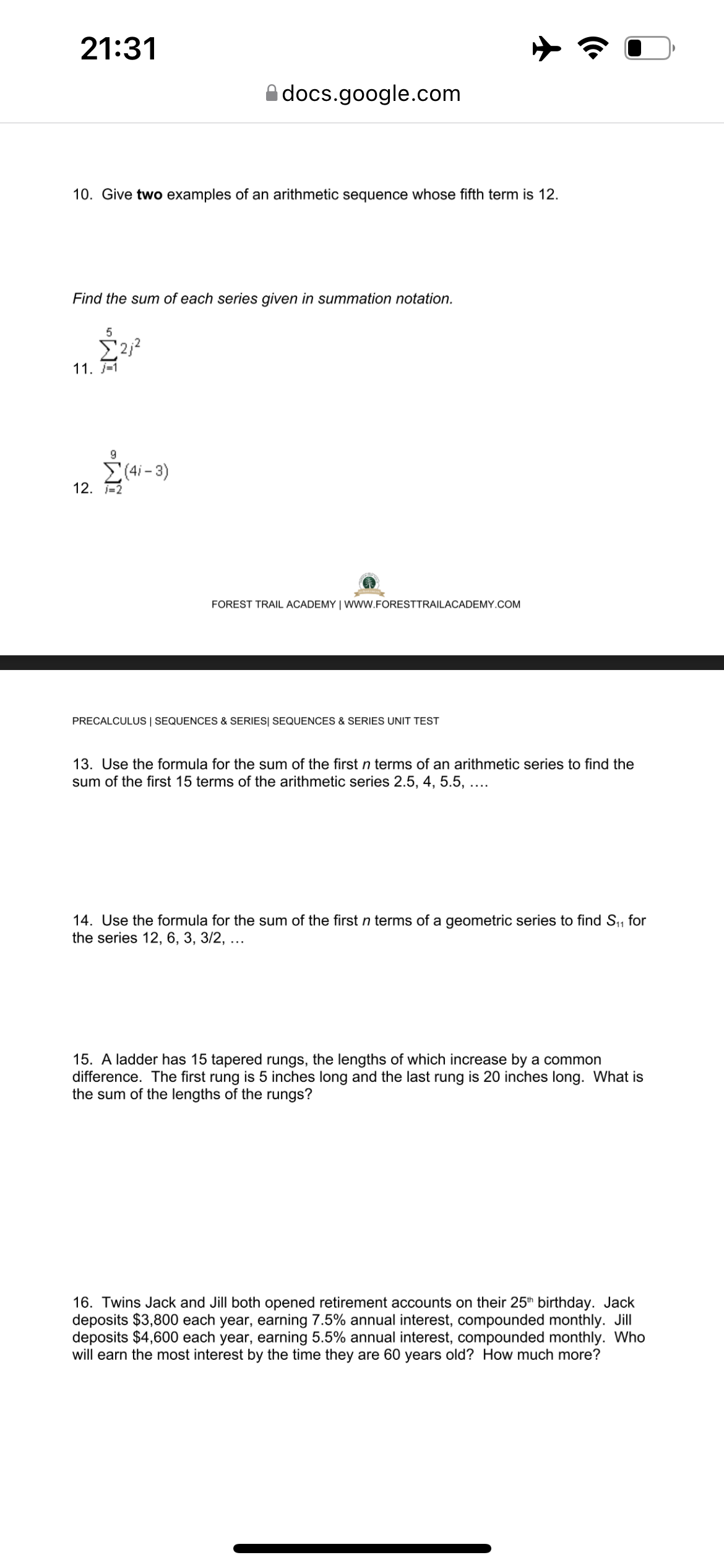  21:31 docs.google.com 10. Give two examples of an arithmetic sequence whose