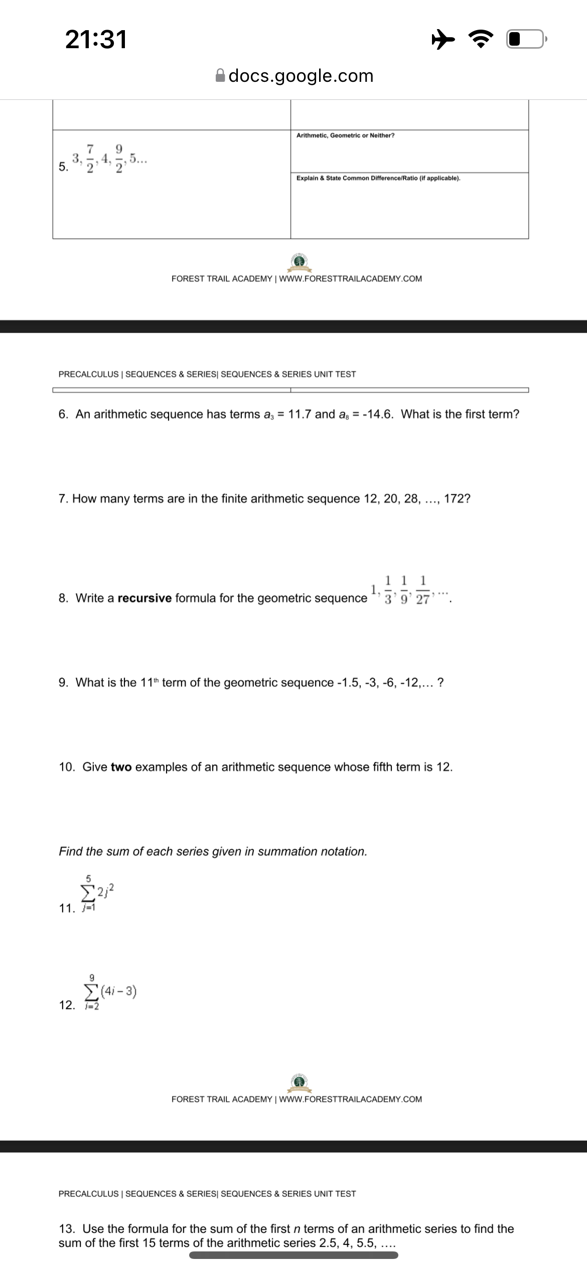 summation notation. 11. j=1 (47 -3) FOREST TRAIL ACADEMY | WWW.FORESTTRAILACADEMY.COM PRECALCULUS