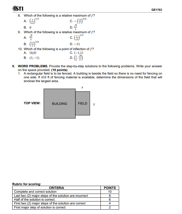 your answer sheets showing your solution. (40 points) L MULTIPLE CHOICE. Read