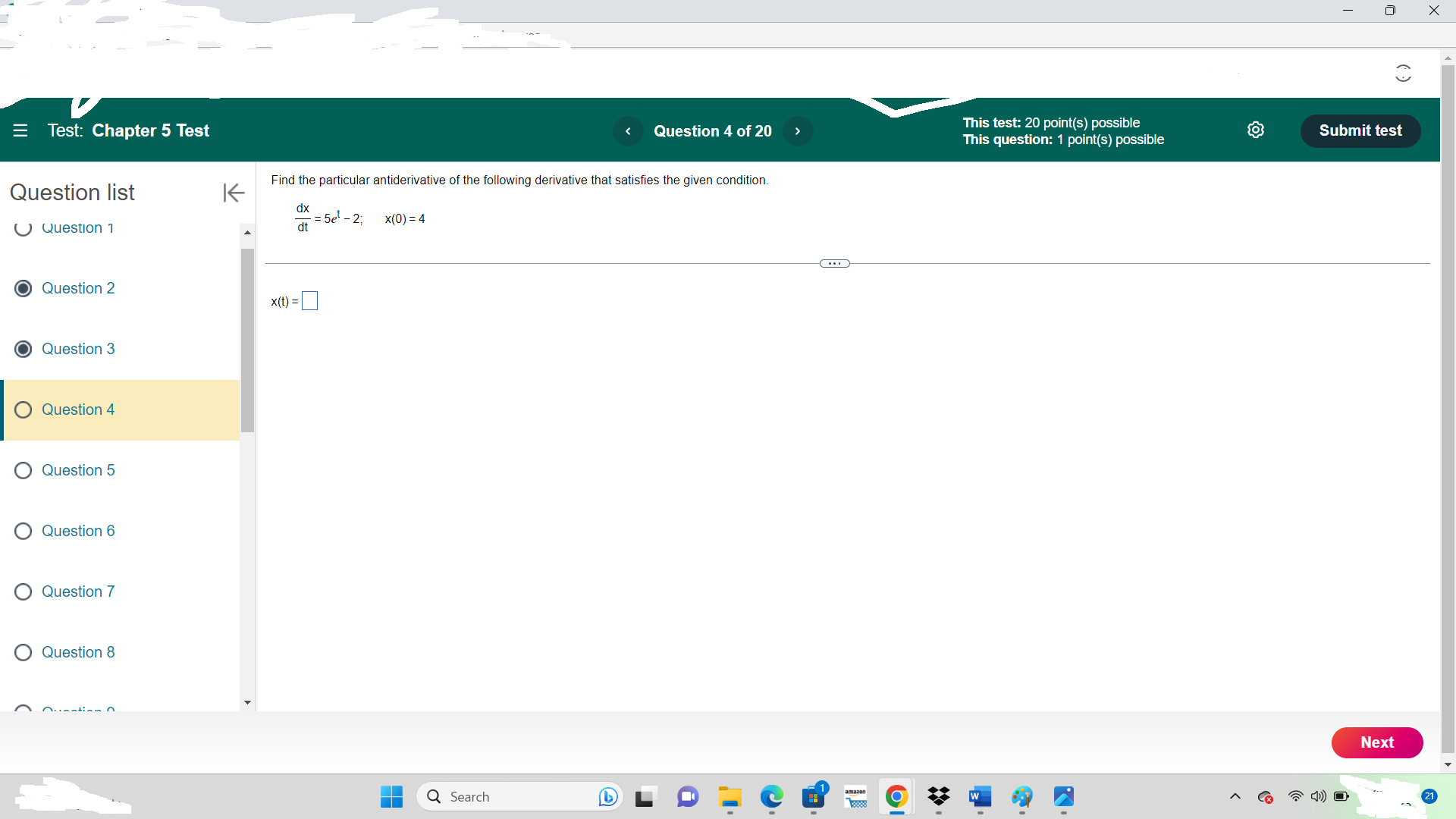 possible This question: 1 point(s) possible Submit test Question list K A)