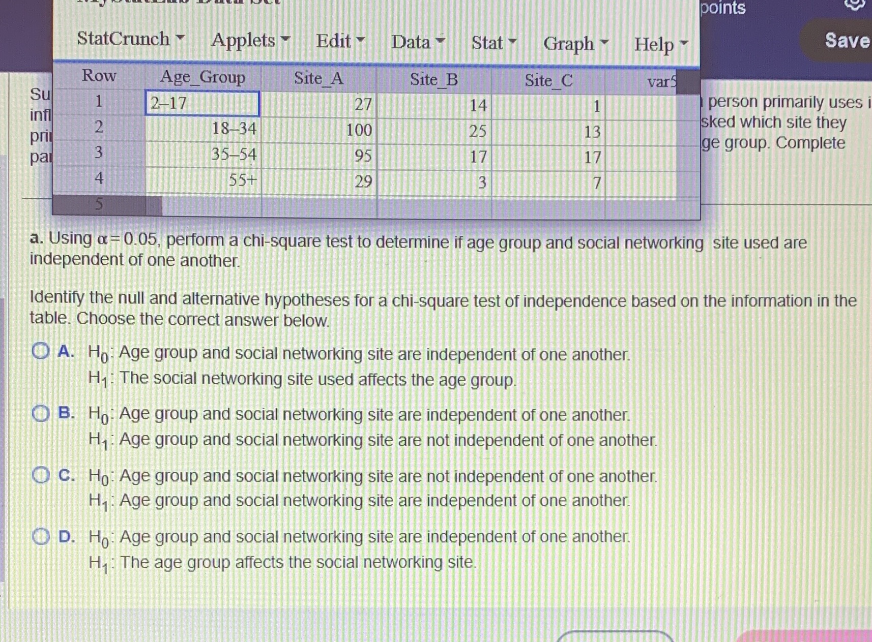points StatCrunch Applets Edit Data Stat Graph Help Save Row Age
