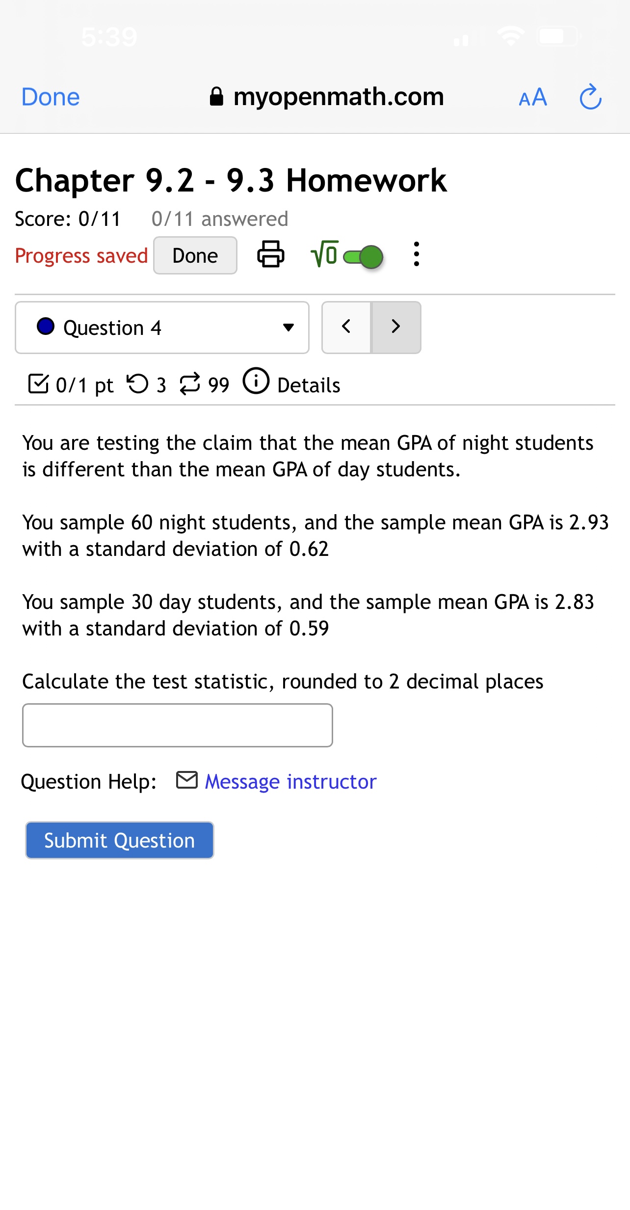 the claim that the mean GPA of night students is larger than