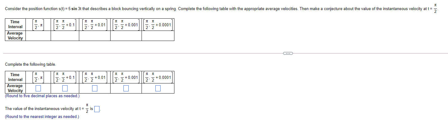 a block bouncing vertically on a spring. Complete the following table with