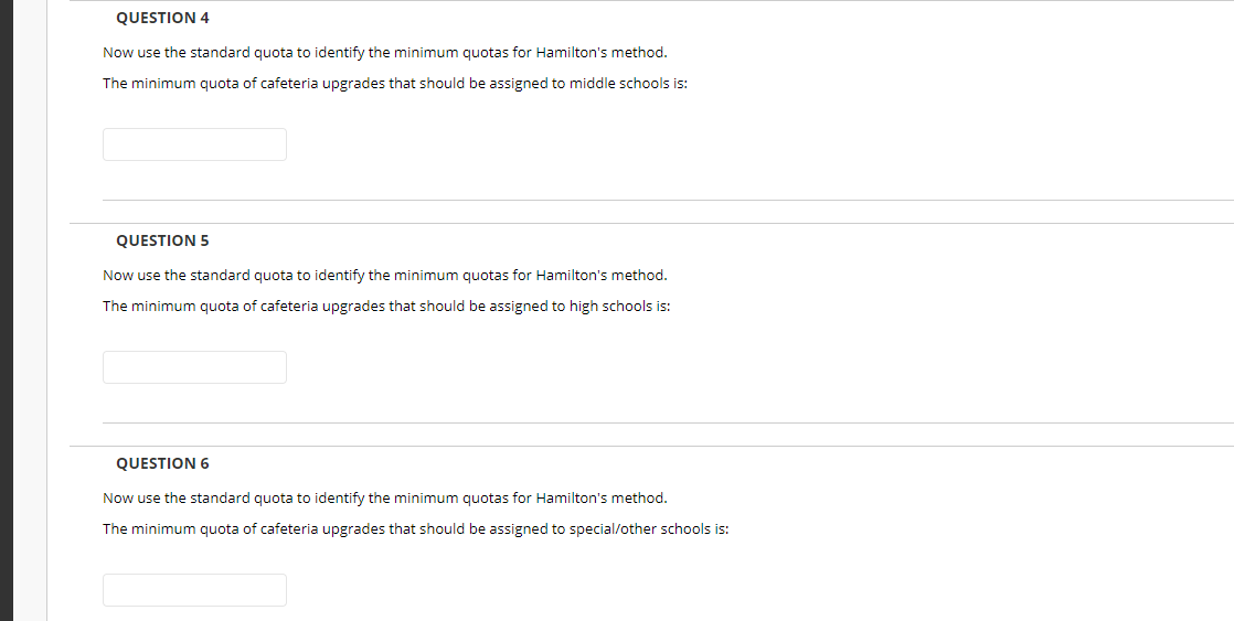 identify the minimum quotas for Hamilton's method. The minimum quota of cafeteria