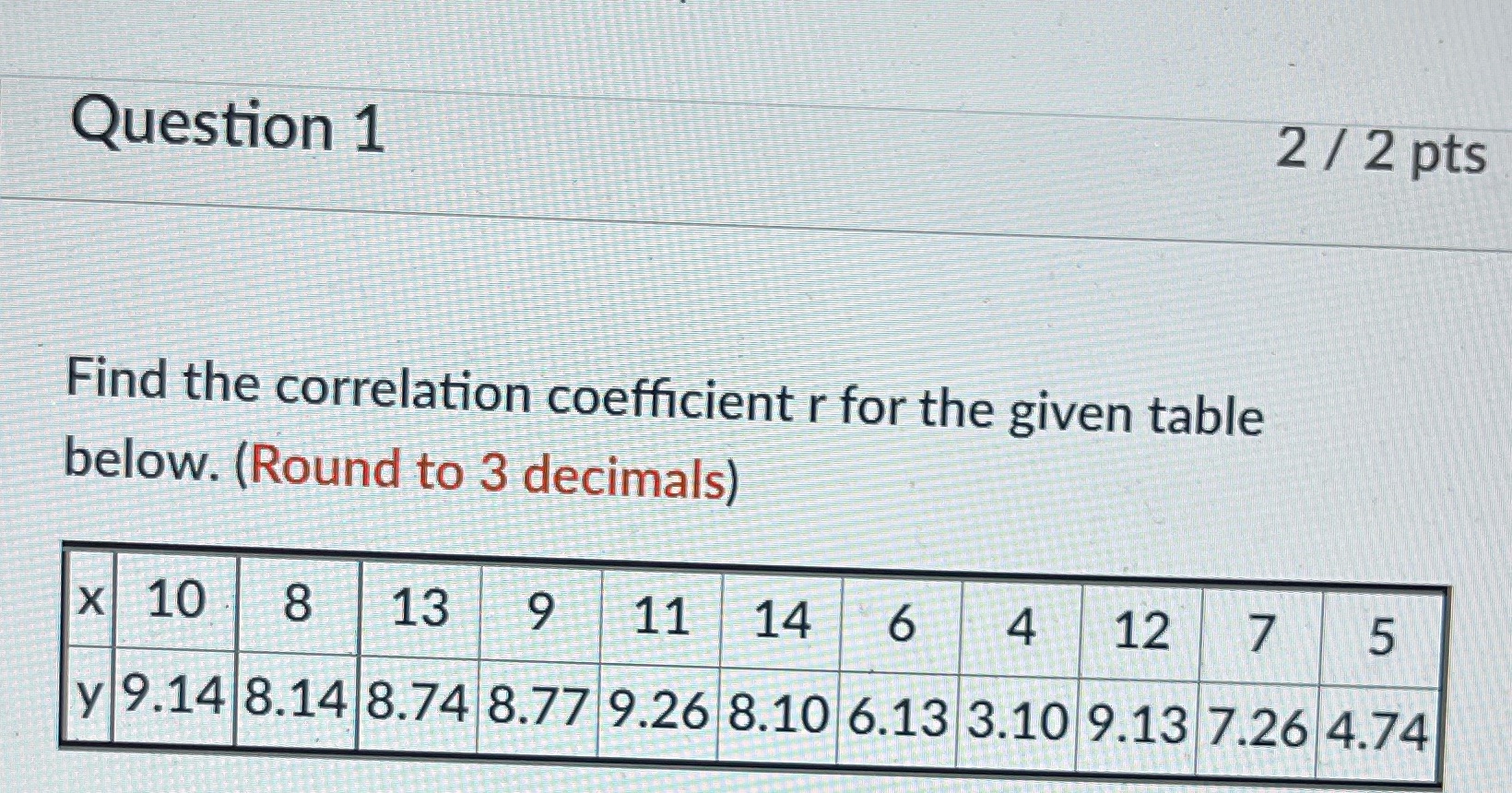 Question 1 2 / 2 pts Find the correlation coefficient r